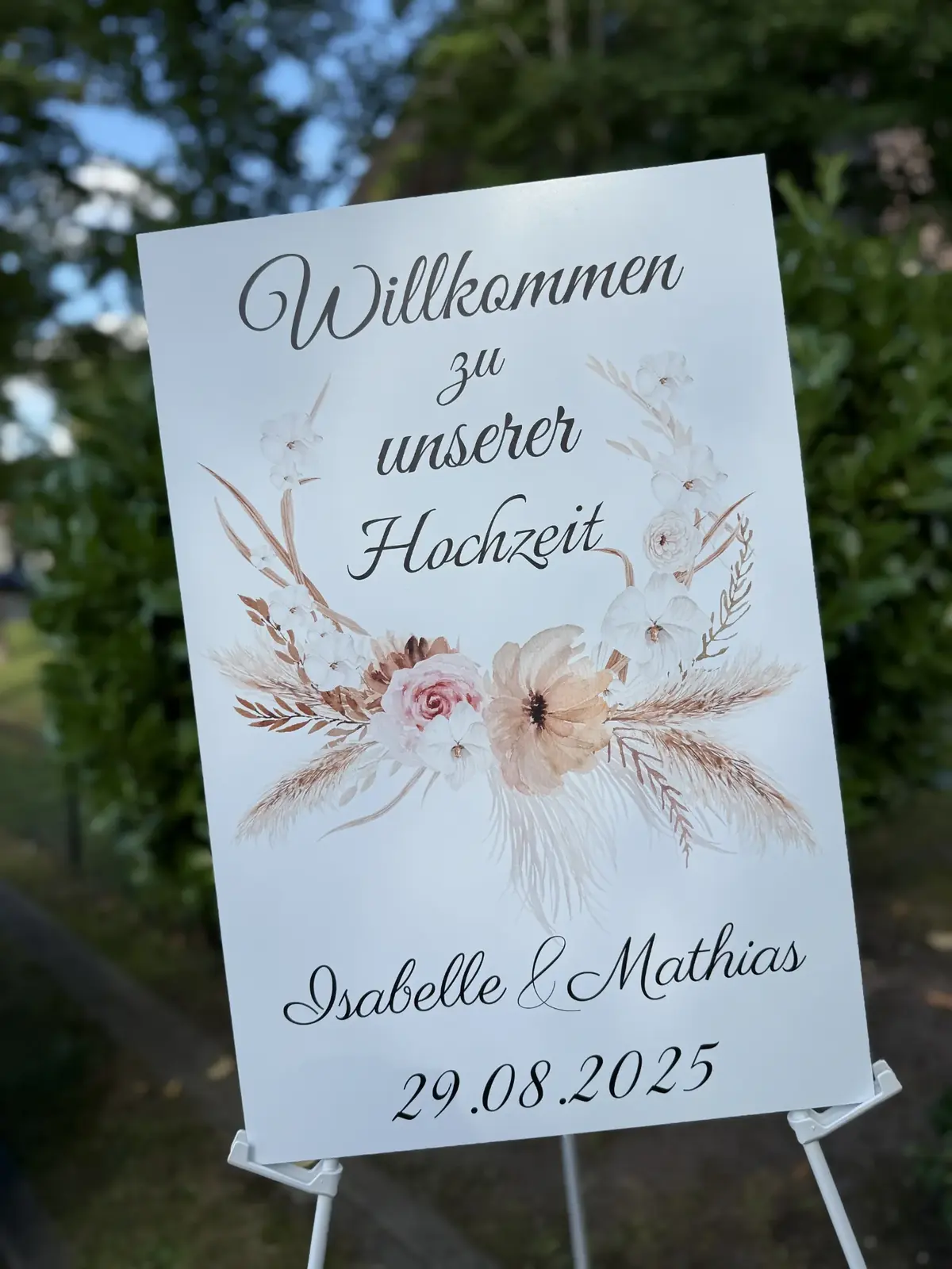 Willkommensschild zur Hochzeit von Isabell und Mathias am 29. August 2025 in Hamburg